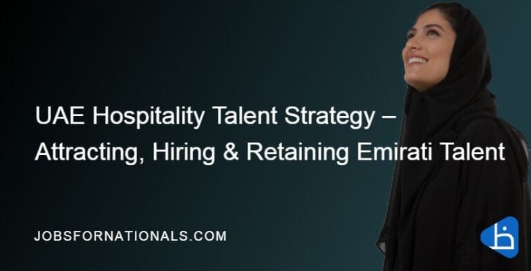 Emirati hospitality professional in traditional attire welcoming guests at a luxury UAE hotel reception desk.