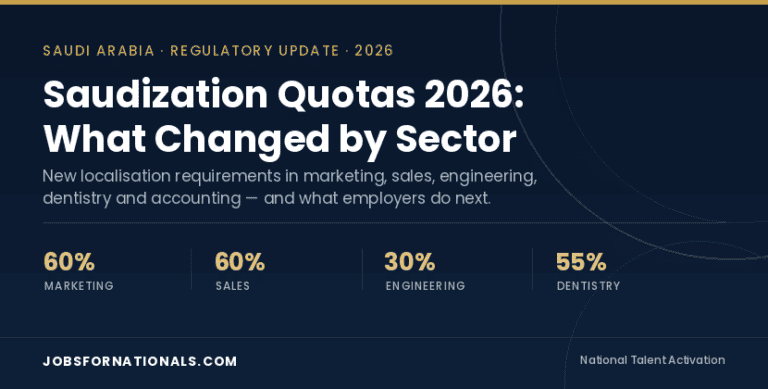 Saudization quotas 2026 by sector — 60% marketing, 60% sales, 30% engineering, 55% dentistry